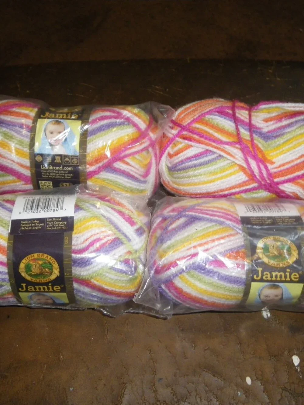 4 Small Skeins Lion Brand Yarns Jamie - Color Mardi Gras Stripes - 109 yds ea.